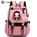 Mochila Escolar Feminina do Anime Demon Slayer Nezuko - Com Entrada de Fone de Ouvido e USB